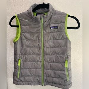 PATAGONIA SWEATER VEST Puffer Down Boy's Small 7-8 Jacket Coat Grey Neon Green
